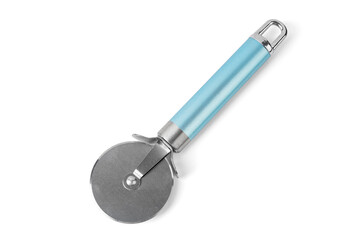 Steel pizza cutter on white background