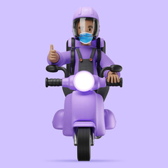 Delivery character on scooter with thumb up. 3d illustration