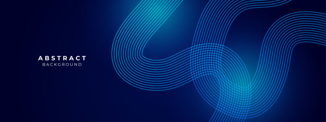 Dark blue abstract background with glowing geometric lines. Modern shiny blue diagonal rounded lines pattern. Futuristic technology concept. Suit for cover, poster, presentation, banner, website