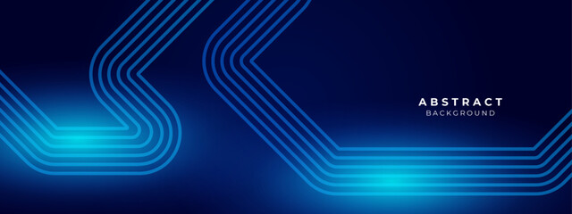 Abstract shiny geometric lines on blue background. Glowing blue diagonal rounded lines pattern. Modern banner template design with space for your text. Vector illustration