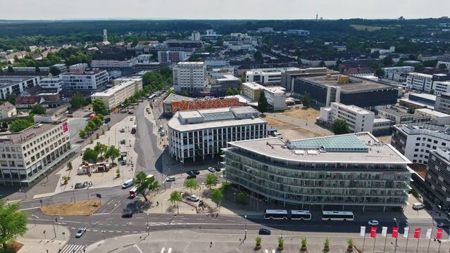 Drone shot of Wolfsburg city , Germany . It's known as the headquarters for Volkswagen and for the Autostadt, an automobile-themed park with a classic-car museum and driving track.
