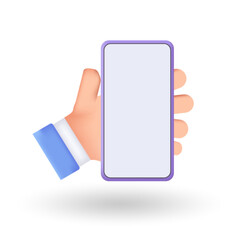 3D Cartoon hand holding smartphone isolated on purple background, Hand using mobile phone mockup. 3d vector illustration