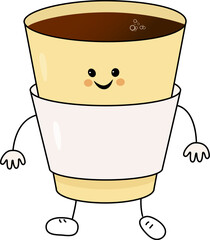 A cup of coffee in a disposable cup. Vector character with a smile on his face, has hands and feet in white sneakers. Black coffee, retro, bubbles