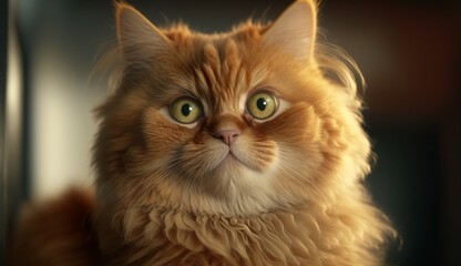 Portrait of a funny beautiful red fluffy cat with gree.Generative AI