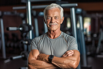 Fototapeta na wymiar Portrait of a fit male senior citizen, displaying strength and an active lifestyle. Generative AI