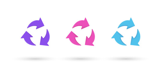 3d editable illustration recycle purple, pink and blue, 3d, vector, suitable for web illustrations, hero pages, landing pages. 3d vector symbol of recycling and arrow rotation.