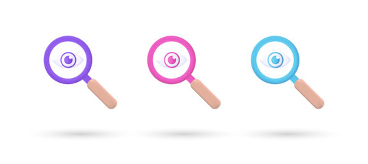 3d editable illustration eye and magnifying glass icon purple, pink and blue, 3d, vector, suitable for web illustrations, hero pages, landing pages.
