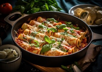 Cannelloni al Forno garnished with basil and serving utensils