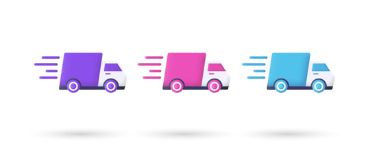 3d editable illustration fast delivery by truck purple, pink and blue, 3d, vector, chat, question, suitable for web illustrations, hero pages, landing pages. Express delivery, shipping, quick move.