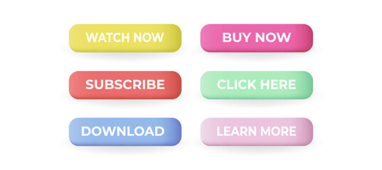 Different web buttons with text. Click here, subscribe, buy now and other. UI design buttons set