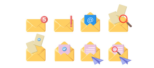 3d open mail envelope icon set with marker new message isolated on white background. Render email notification with letters, check mark, paper plane and magnifying glass icons. 3d realistic vector