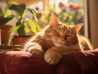 Portrait of a red cat lounging in sunlight (Generative AI)