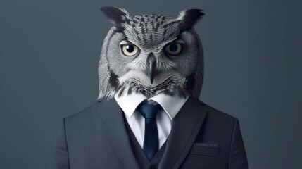 Portrait of an owl in elegant business suit outfit.Generative AI