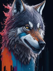 Wolf head watercolor splash art , abstract background