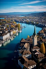 Glorious Sunlit Zurich Lake Zurich, Old Town, and the Magnificent Grossmünster - Awe-Inspiring Imagery! Created using generative AI - obrazy, fototapety, plakaty