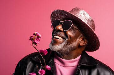 senior male, smiling, dressed in pink and sunglasses on a pink background. Generative AI