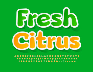 Vector creative logo Fresh Citrus with decorative Font. Sticker style Alphabet Letters, Numbers and Symbols set