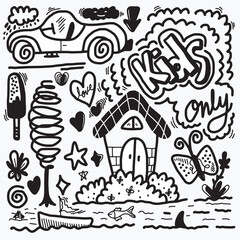 hand-drawn cute doodle set on white background. doodle design elements.doodle kids for decoration and coloring page.