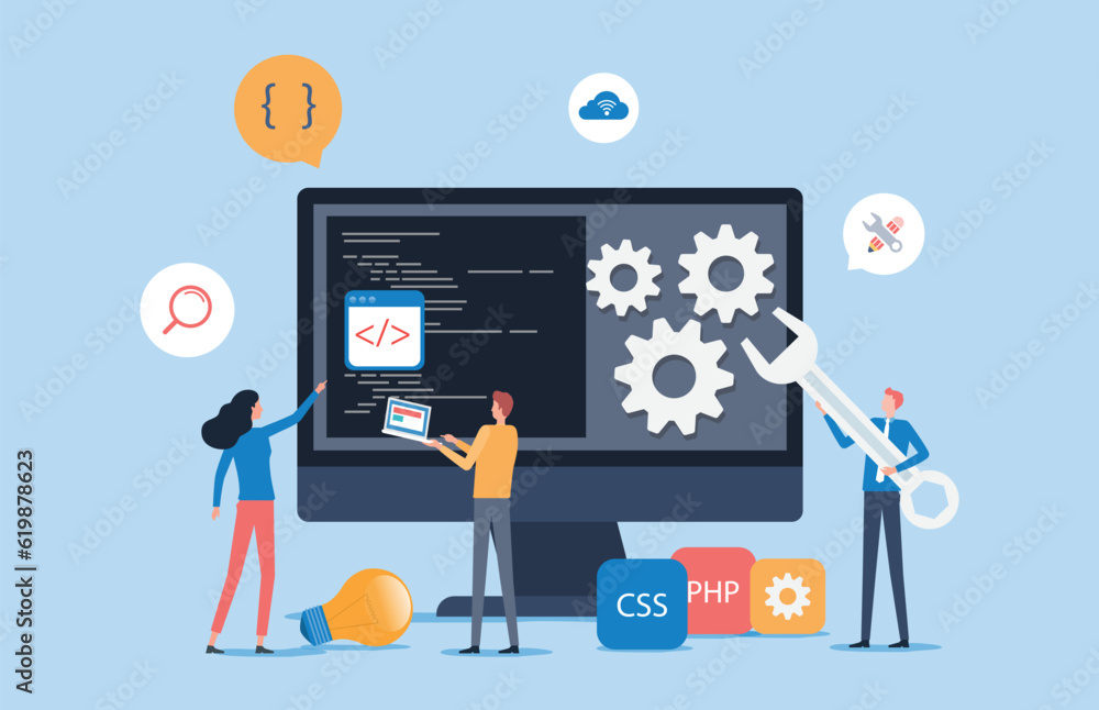 Aufkleber web design and mobile application design process concept with designer and developer team working 
