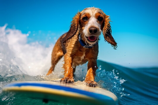 Photo funny dog rides a surfboard on the ocean waves summer vacation concept photography