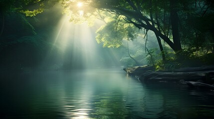 sun rays in the river reflecting in the water in the style of ethereal nature scenes, delicately rendered landscape, serene and peaceful ambiance. generative AI 