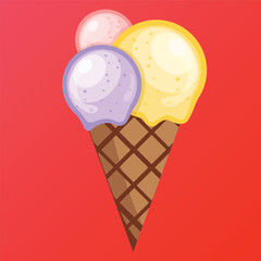 Vector illustration delicious colorful ice cream waffle con. Icecream grape vanila strawberry scoops waffle cone. on red background. Idea for poster, product, t-shirt. Vector icon ice cream cone.