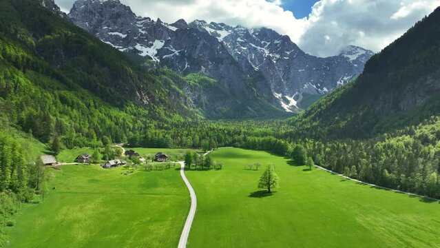 Logar Valley (Logarska dolina) in the Kamnik Savinja Alps in Slovenia during a beautiful springtime day.