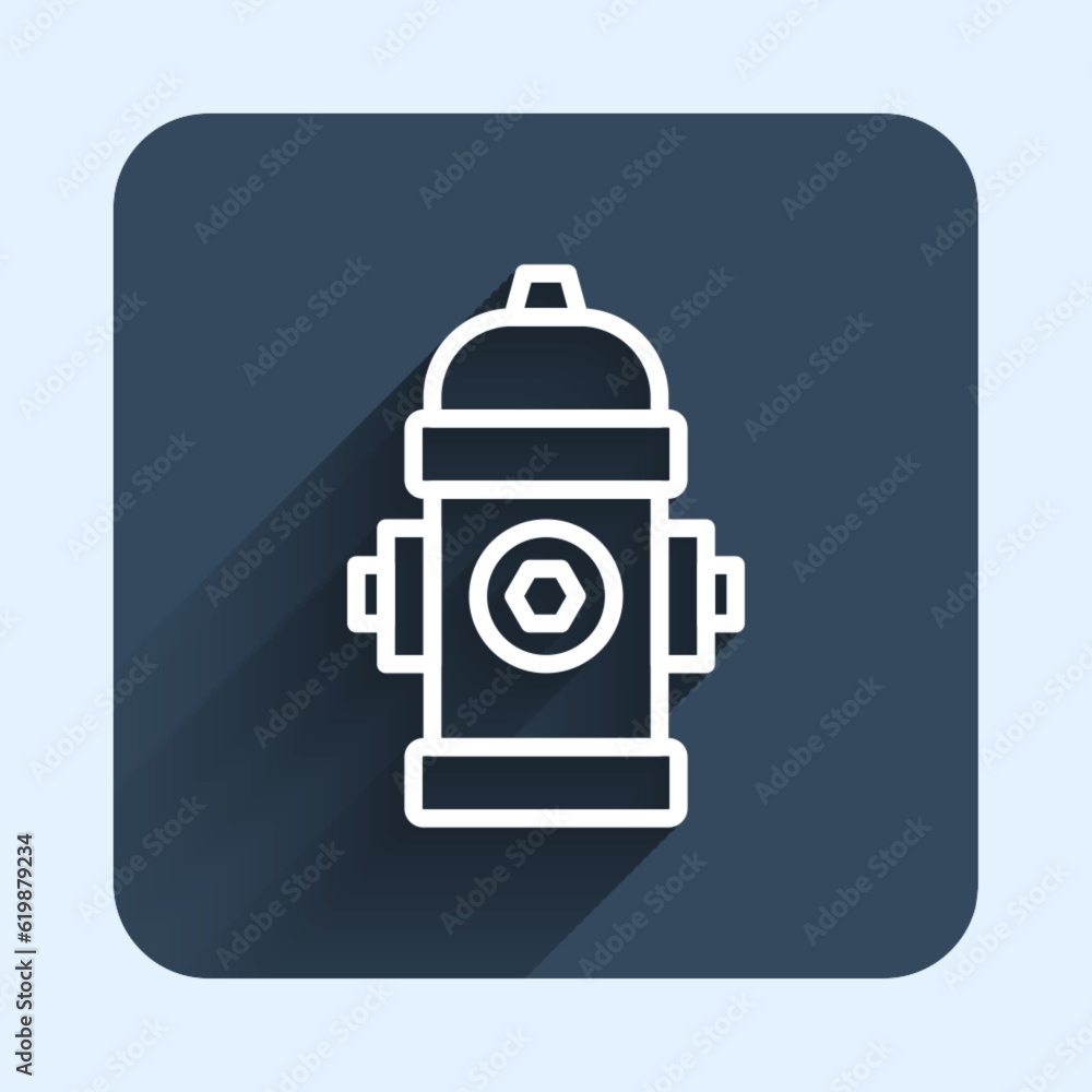 Poster white line fire hydrant icon isolated with long shadow background. blue square button. vector