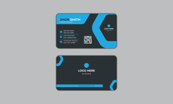 Blue and grey black color simple Business card design with QR code, modern print ready visiting card layout