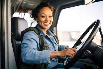 Candid shot of a confident african american female delivery truck driver. Generative AI