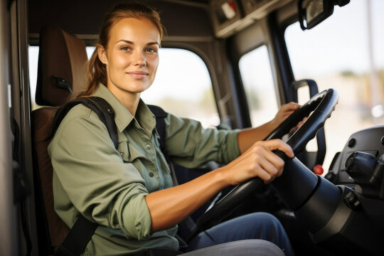 Candid shot of a confident caucasian female delivery truck driver. Generative AI