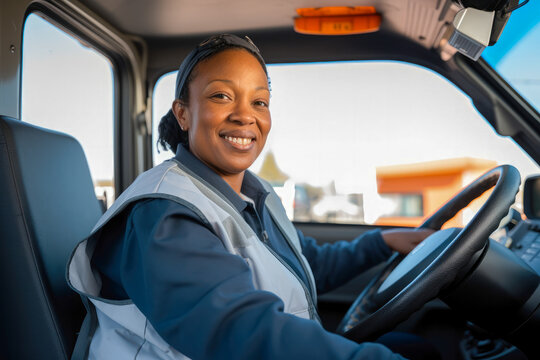 Candid shot of a confident african american female delivery truck driver. Generative AI