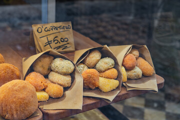 Several deep fried snacks (fritto misto) sold in Napels, Italy