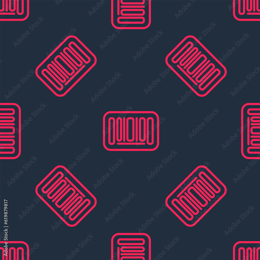Poster red line barcode icon isolated seamless pattern on black background. vector