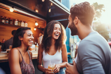 Candid shot of a diverse group of friends laughing and socializing outside a food truck during a summer outing. Generative AI