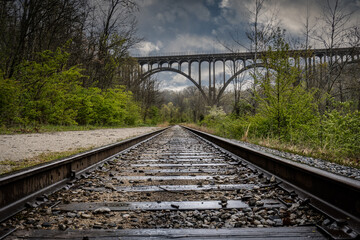 Brecksville-Northfield High Level Bridge in Cuyahoga Valley National Park in Ohio. Cuyahoga Valley Scenic Railroad tracks. 