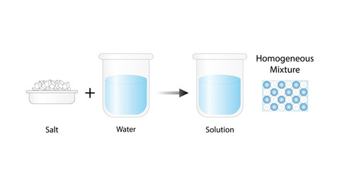 Homogeneous mixture, solution, uniform composition, salt and water. Chemistry experiment. Scientific design. Vector illustration - obrazy, fototapety, plakaty