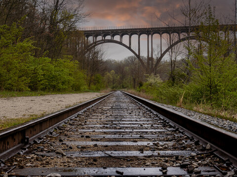 Brecksville-Northfield High Level Bridge in Cuyahoga Valley National Park in Ohio. Cuyahoga Valley Scenic Railroad tracks. 