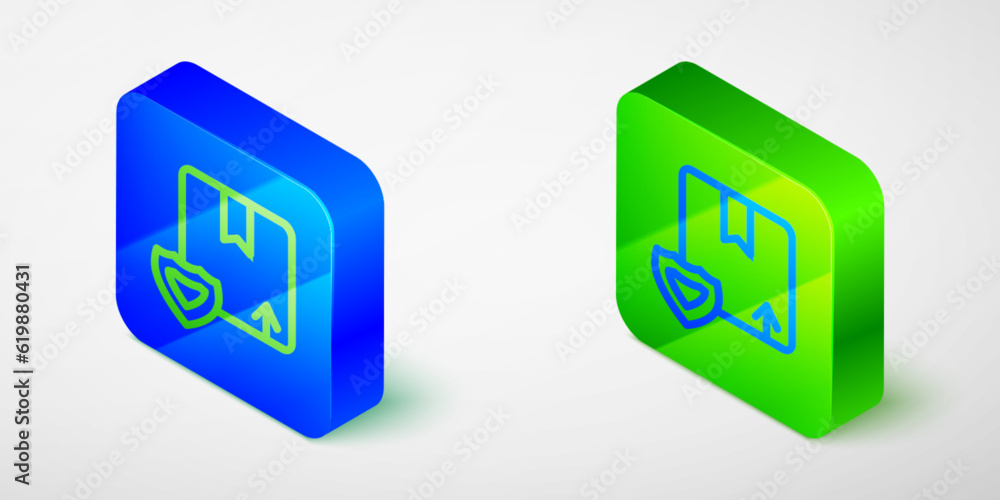 Poster isometric line delivery security with shield icon isolated grey background. delivery insurance. insu