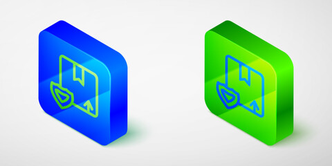 Isometric line Delivery security with shield icon isolated grey background. Delivery insurance. Insured cardboard boxes beyond the shield. Blue and green square button. Vector