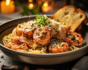 Scampi alla Griglia served on a white plate with garlic butter sauce and a slice of grilled bread