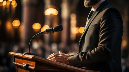 Close-up of a politician man in a suit giving a speech at the conference hall from behind the pulpit. Generative AI. - obrazy, fototapety, plakaty