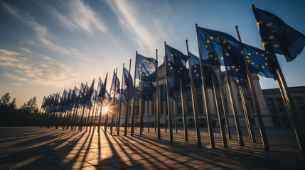 European Union flags waving in the wind at sunset. Generative AI. - obrazy, fototapety, plakaty