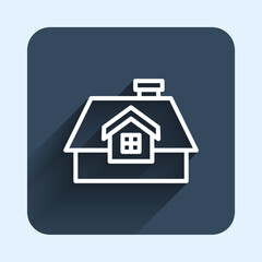 White line House icon isolated with long shadow background. Home symbol. Blue square button. Vector