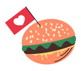 Burger doodle icon with heart flag, like symbol. Bun, salad, beef, cheese. Hamburger, fast food sign. Vector illustration isolated on white background
