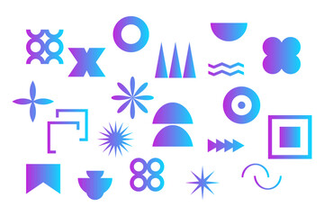 Set geometric gradient shapes contemporary modern trendy elements basic forms isolated on white background, futuristic figures, minimal abstract