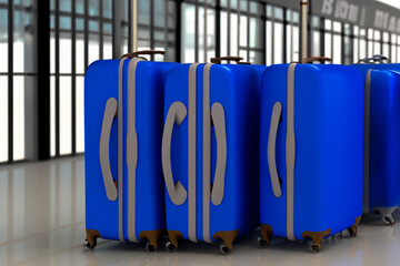 Suitcases in airport. Travel concept. 3d rendering.