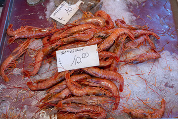 Fresh pink shrimps (gamberoni) sold at the fish market in Sicily