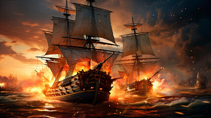 Obraz premium Two Frigates Battle at sea in the 1800s - Generative AI
