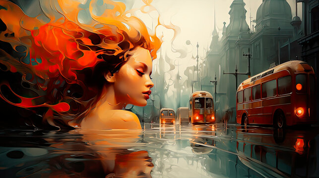Surreal painting of London, England. A beautiful lady’s head emerges from a wet street as old style double decker buses pass by. - Generative AI